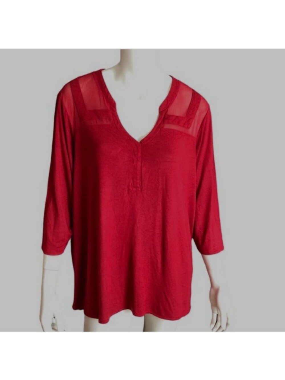 Roz & Ali 3/4 Sleeve Tunic Top Plus Size 2X Red Stretch Mesh Trim Career NWT